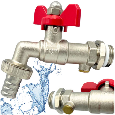 Zawór czerpalny 1/2, ogrodowy, z zaworem zwrotnym antyskażeniowym, z zaworem spustowym